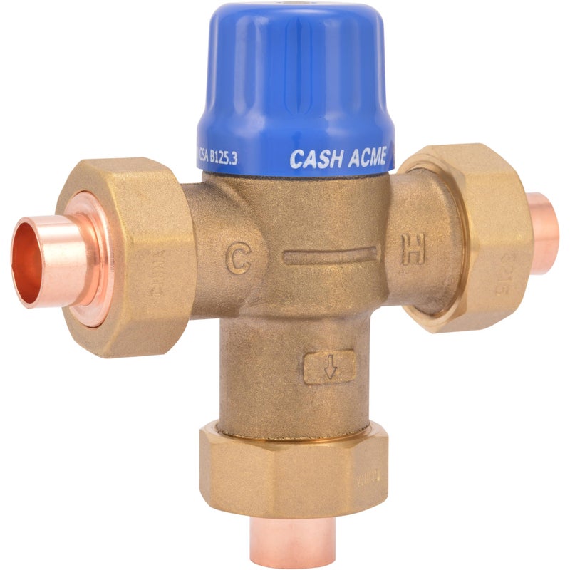Cash Acme 1/2 Inch HG110-D Sweat Thermostatic Mixing Valve with Barb Connections and Integral Checks, Brass Plumbing Fitting, 24501 - Image 1